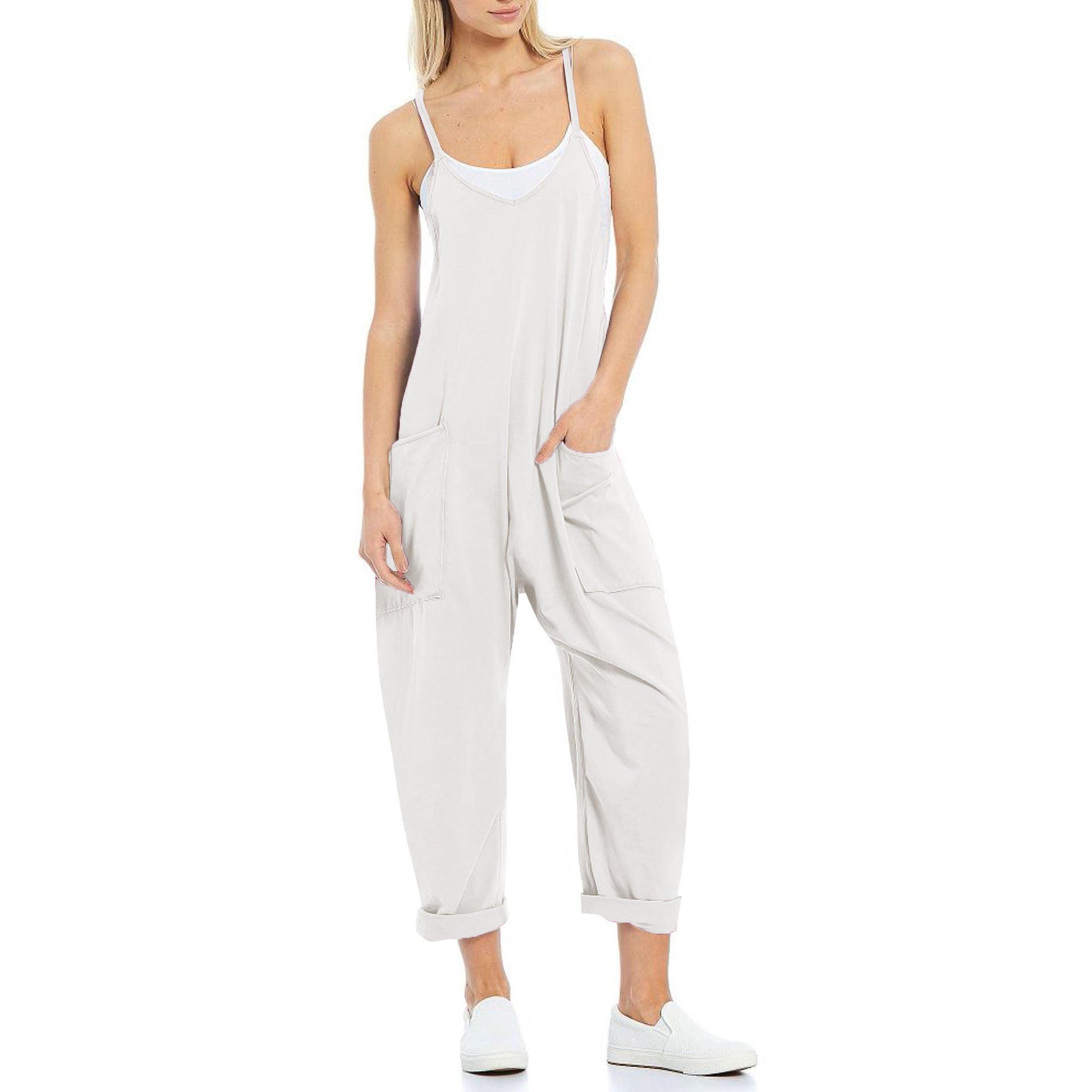 Sarah Express Women's Knitted Spaghetti Strap Jumpsuit - Loose Fit Wide Leg Overalls with Pockets
