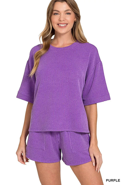 Sarah Express Women's Raised Rib Short Sleeve Tee and Drawstring Shorts Set PURPLE