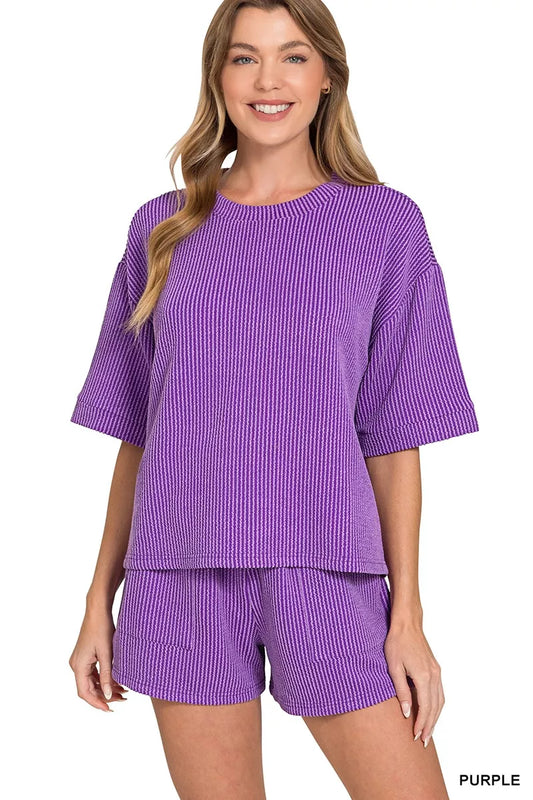 Sarah Express Women's Raised Rib Short Sleeve Tee and Drawstring Shorts Set PURPLE