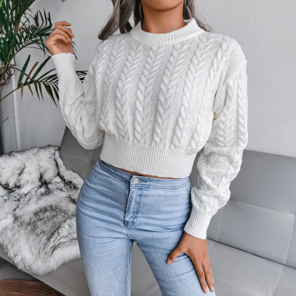 Sarah Express Women's Cable Knit Waist Cinched Cropped Sweater - Slim Fit Long Sleeve Pullover