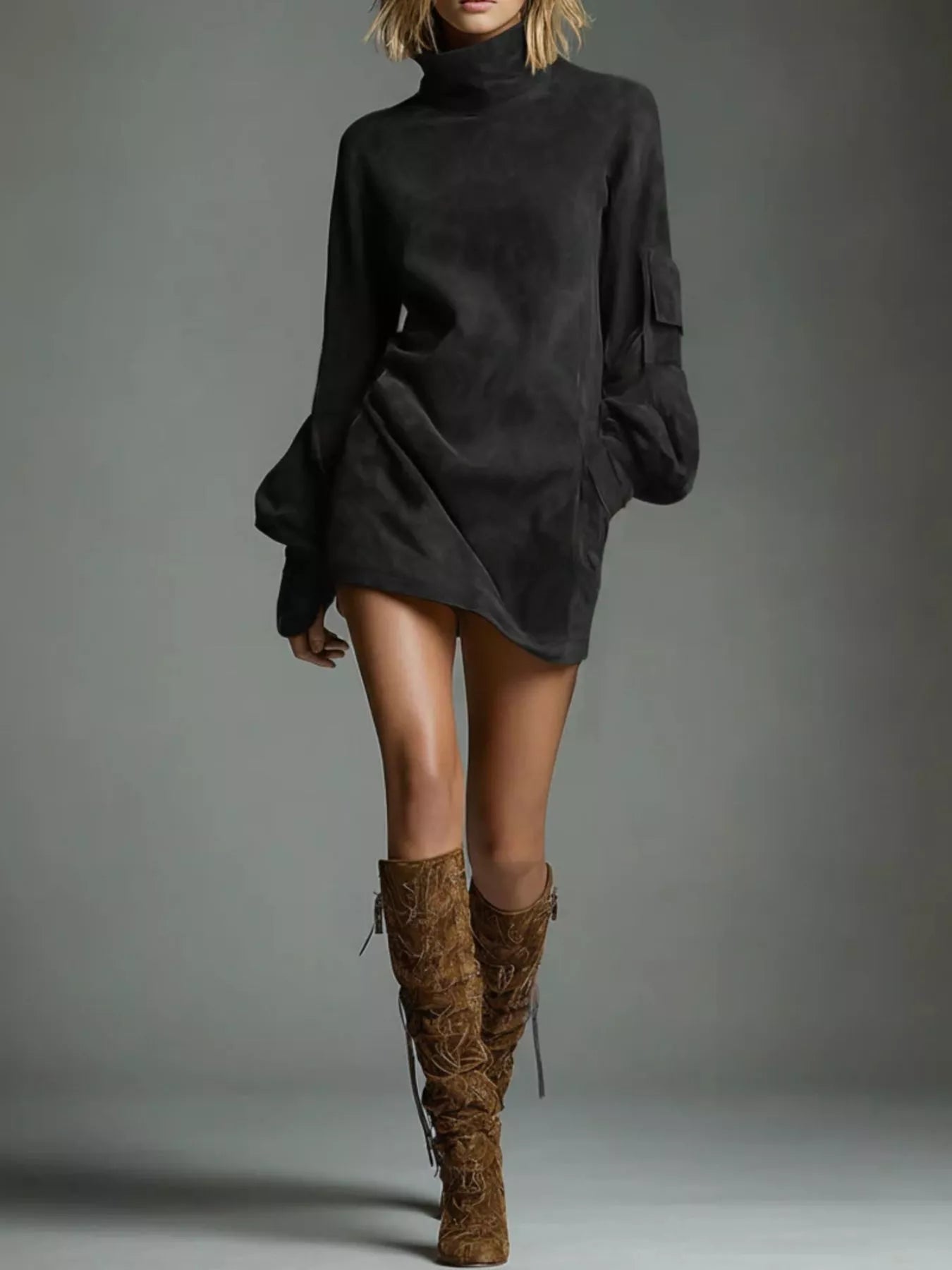 Sarah Express Women's Turtleneck Lantern Sleeve Mini Dress with Pockets Black