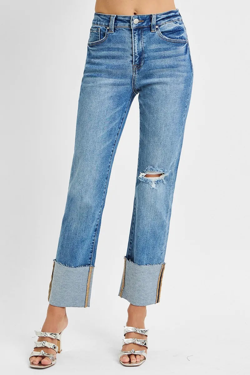 Sarah Express Women’s Plus Size High Rise Ankle Jeans with Wide Cuff
