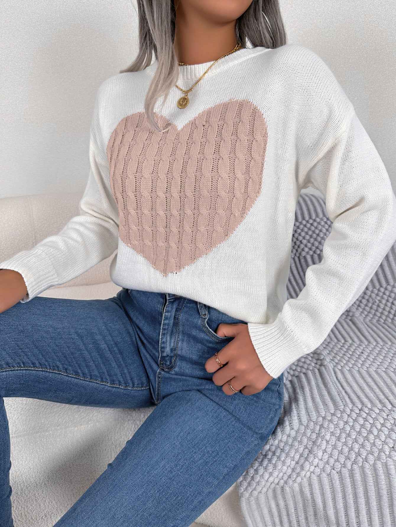 Sarah Express Women's Cable Knit Heart Pattern Pullover Sweater Long Sleeve