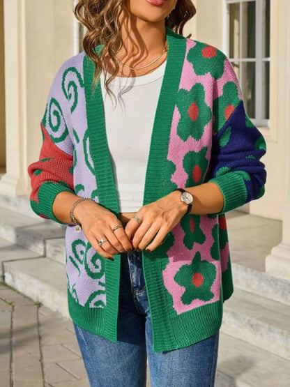 Sarah Express Women's Colorful Ribbed Open Front Cardigan - Multicolor Striped Knit Sweater Green