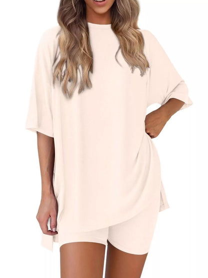 Sarah Express Women's Relaxed Fit Round Neck Top and Shorts Two-Piece Set - Plus Size Loungewear
