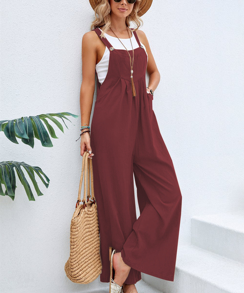 Sarah Express Women's Solid Color Cotton Suspender Trousers Casual Overall Straight Leg Mid Waist with Pockets