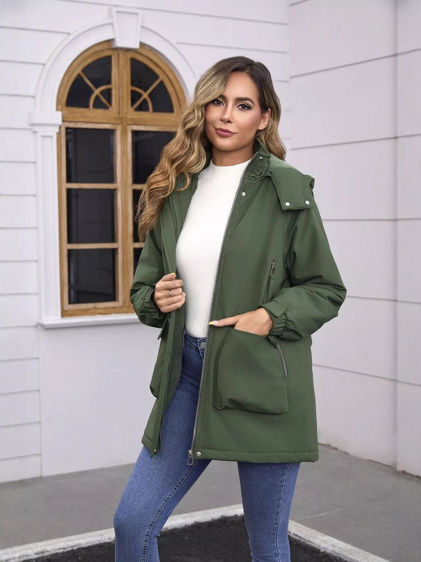 Sarah Express Women's Full Size Zip Up Hooded Parka Outerwear