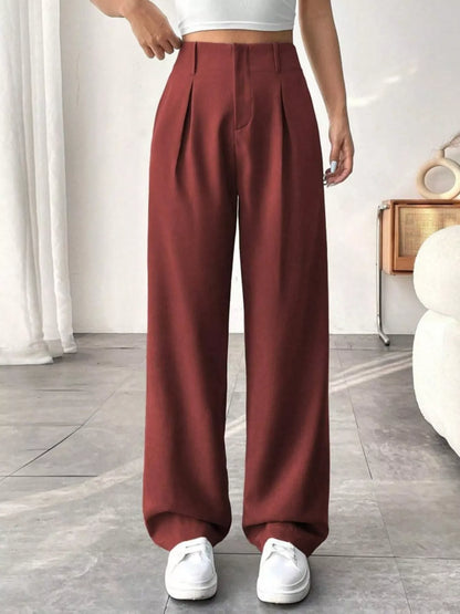 Sarah Express Women's Wide Leg Pleated Pants with Pockets Wine Red