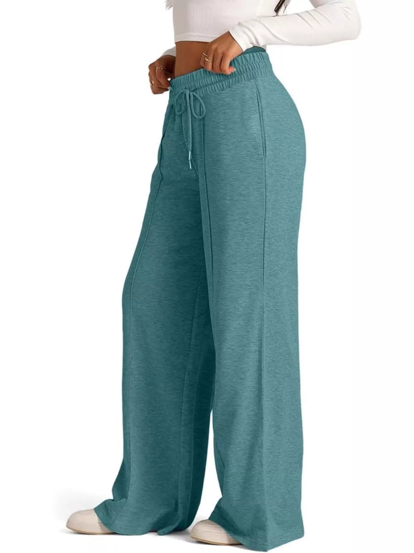 Sarah Express Women's Wide Leg Drawstring Pants - High Waist Palazzo Pants with Pockets Malachite Green