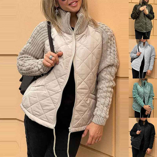 Sarah Express Women's Winter Stand Collar Cotton Jacket with Pockets - Knitted Stitching Zipper Coat