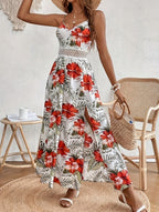 Sarah Express Women's Printed V Neck Midi Dress Lace Detail High Slit Sleeveless