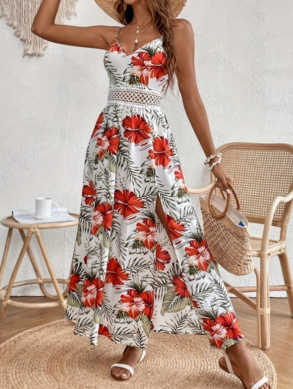 Sarah Express Women's Printed V Neck Midi Dress Lace Detail High Slit Sleeveless