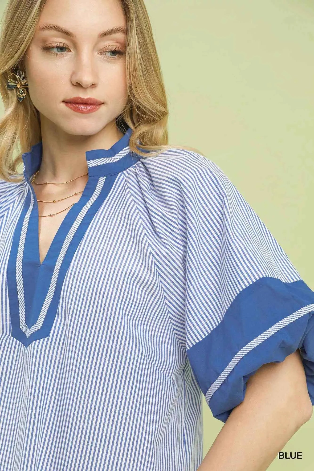 Sarah Express Women's Striped V-Neck Puff Sleeve Blouse - Cotton Blend Flutter Sleeve Top