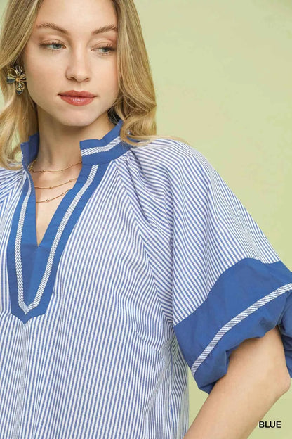 Sarah Express Women's Striped V-Neck Puff Sleeve Blouse - Cotton Blend Flutter Sleeve Top