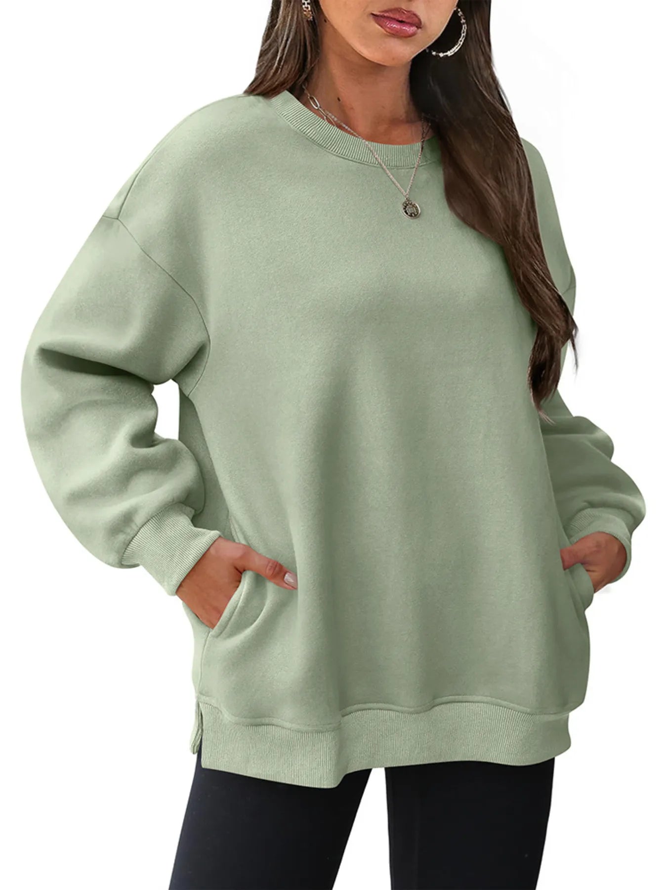 Sarah Express Women's Oversized Long Sleeve Crewneck Sweatshirt Bean Green