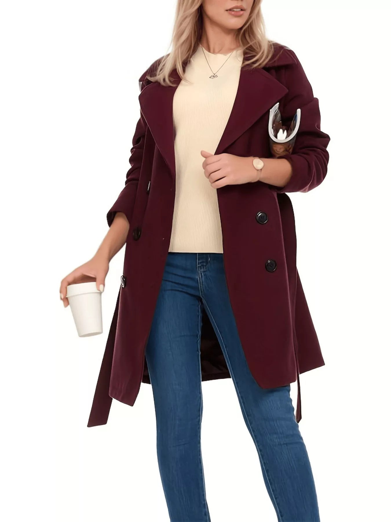 Sarah Express Women's Double Breasted Long Sleeve Coat Burgundy
