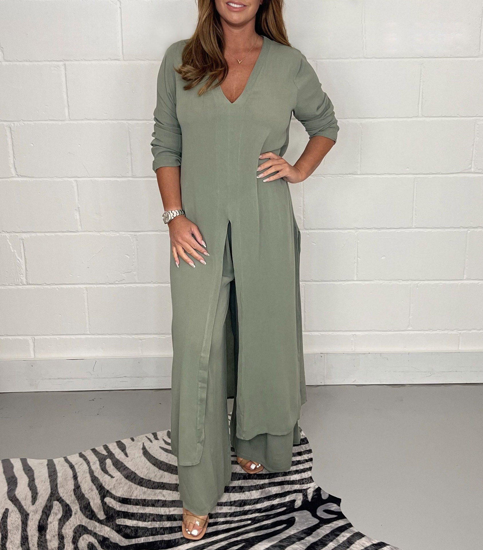 Sarah Express Women's Two-Piece Set Long Tunic Top Pants - Casual Minimalist Solid Color Plus Size