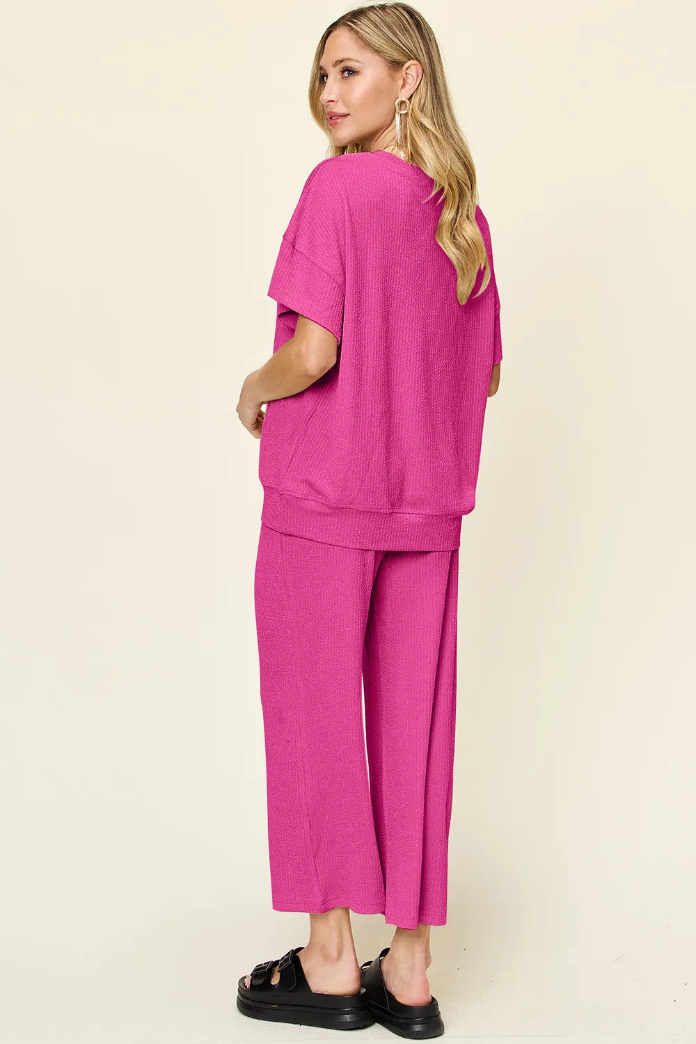 Sarah Express Women's Textured Round Neck T-Shirt and Wide Leg Pants Set