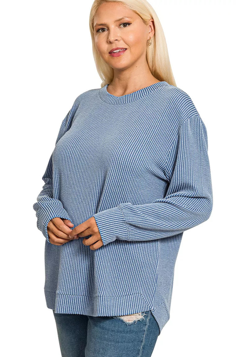 Sarah Express Women’s Plus Size Raised Rib Long Sleeve Top Casual All-Season