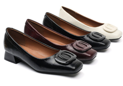 Sarah Express Womens Retro Square-Toe Sheepskin Leather Chunky Heel Pumps | Low Heel Slip-On Dress Shoes