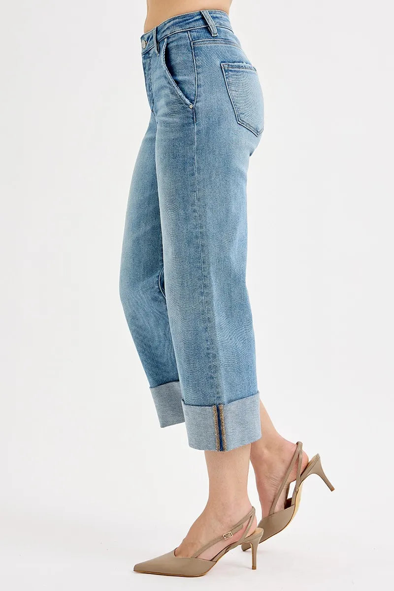 Sarah Express Women’s Plus Size Tummy Control High Rise Ankle Jeans with Wide Cuff
