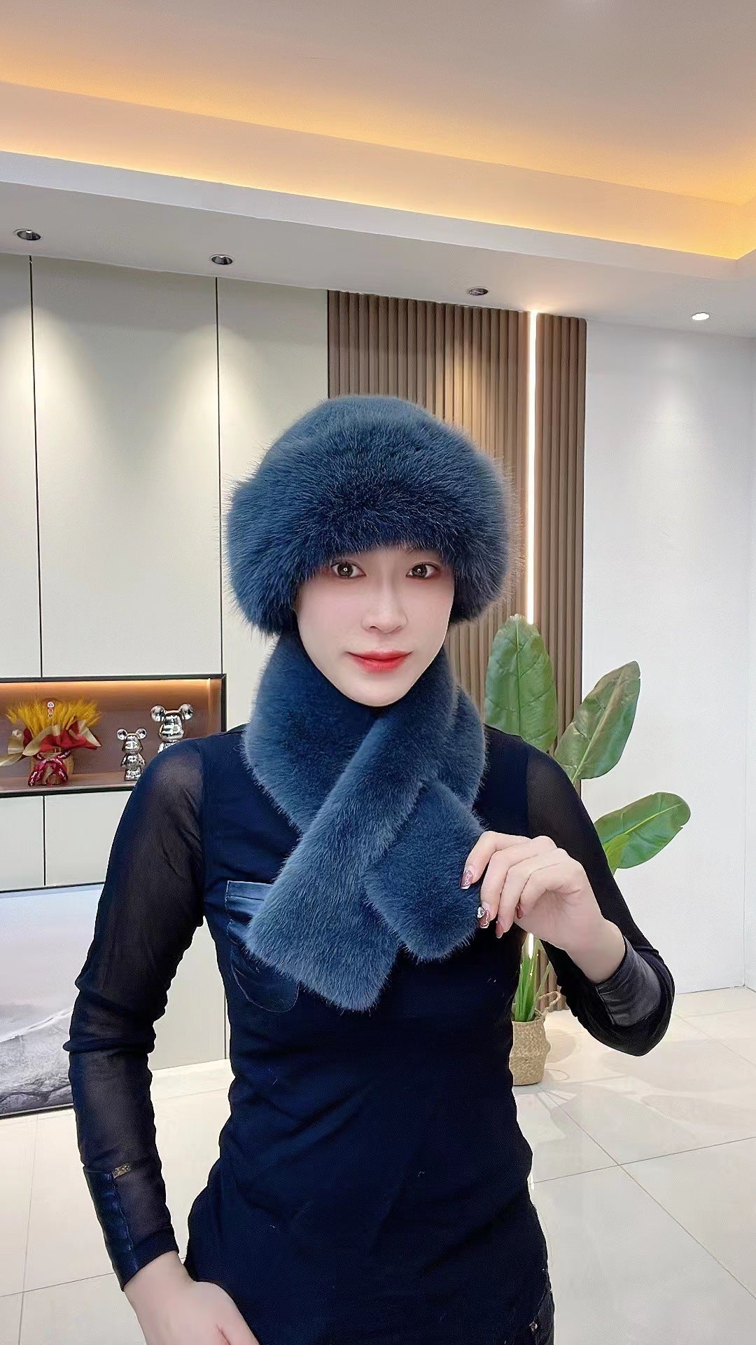 Sarah Express Women's Plush Winter Hat Scarf Set Dome Cap Warm Windproof