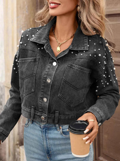 Sarah Express Women's Pearl Embellished Cropped Denim Jacket