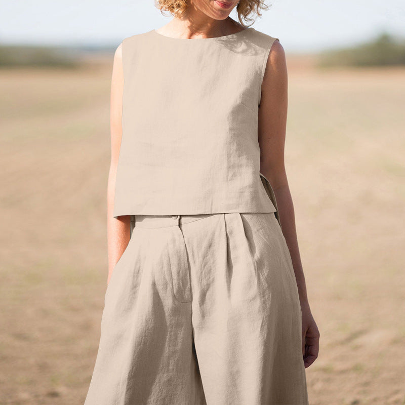 Sarah Express Cotton Linen Loose Two-Piece Set Top and Pants