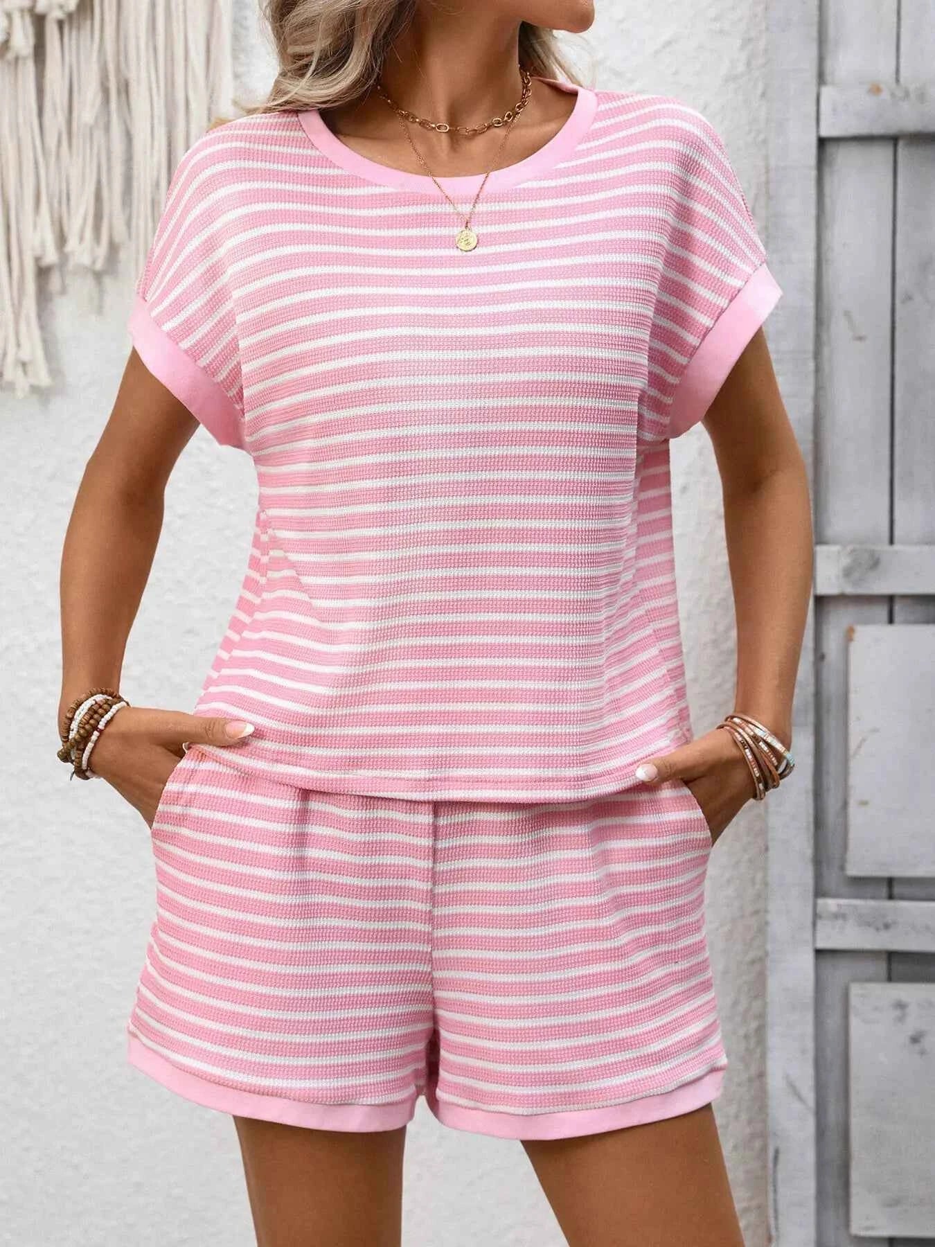 Sarah Express Women's Striped Round Neck Top and Shorts Set - Casual Two Piece Outfit