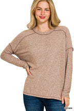 Sarah Express Women’s Plus Size Melange Hacci Tee with Exposed Seam Hi-Low Hem
