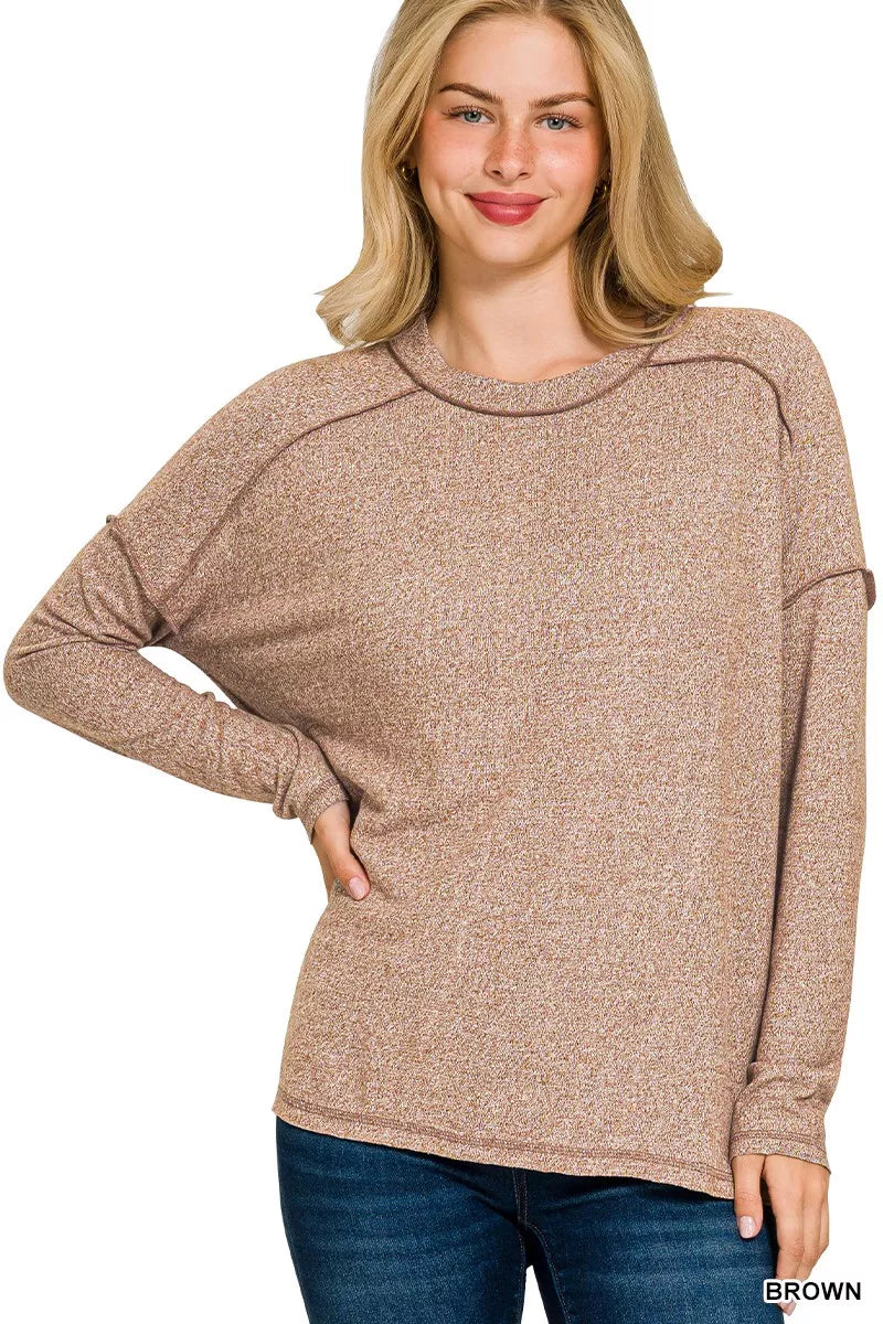 Sarah Express Women’s Plus Size Melange Hacci Tee with Exposed Seam Hi-Low Hem
