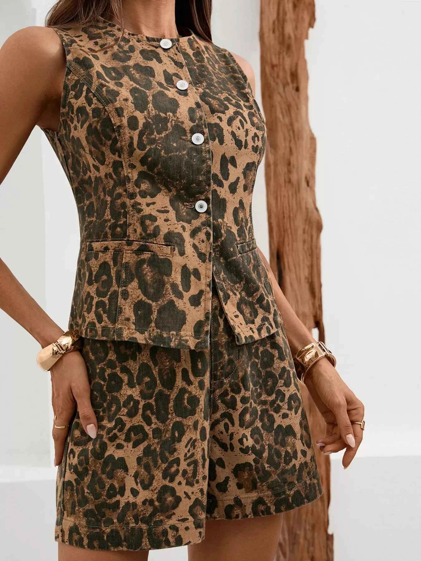 Sarah Express Women's Sleeveless Button-Down Denim Vest & Shorts Two-Piece Set