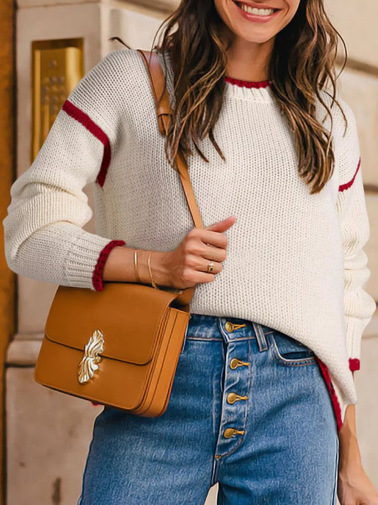 Sarah Express Women's Contrast Trim Round Neck Sweater