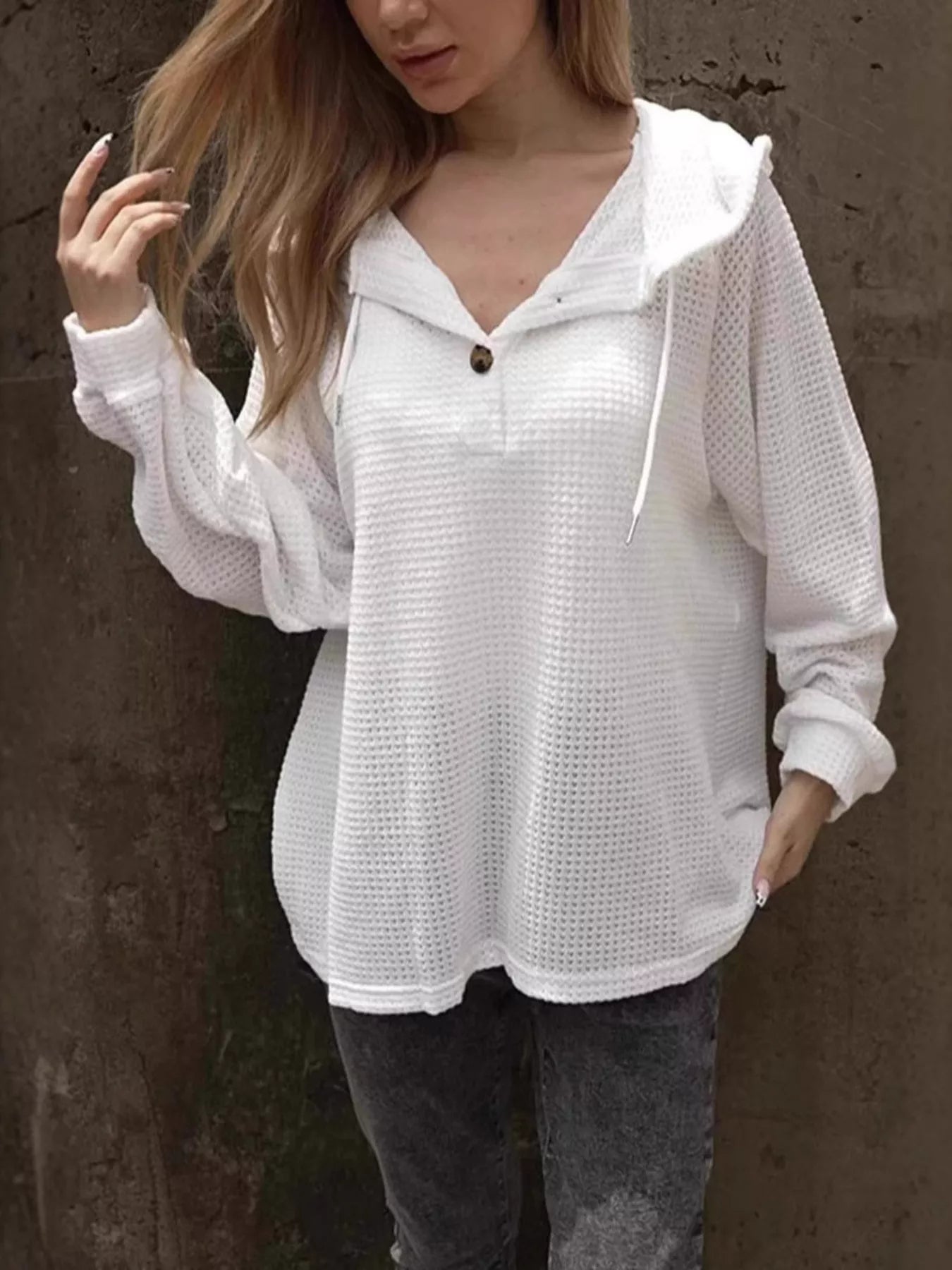 Sarah Express Women's Waffle Knit Hoodie with Button Detail White