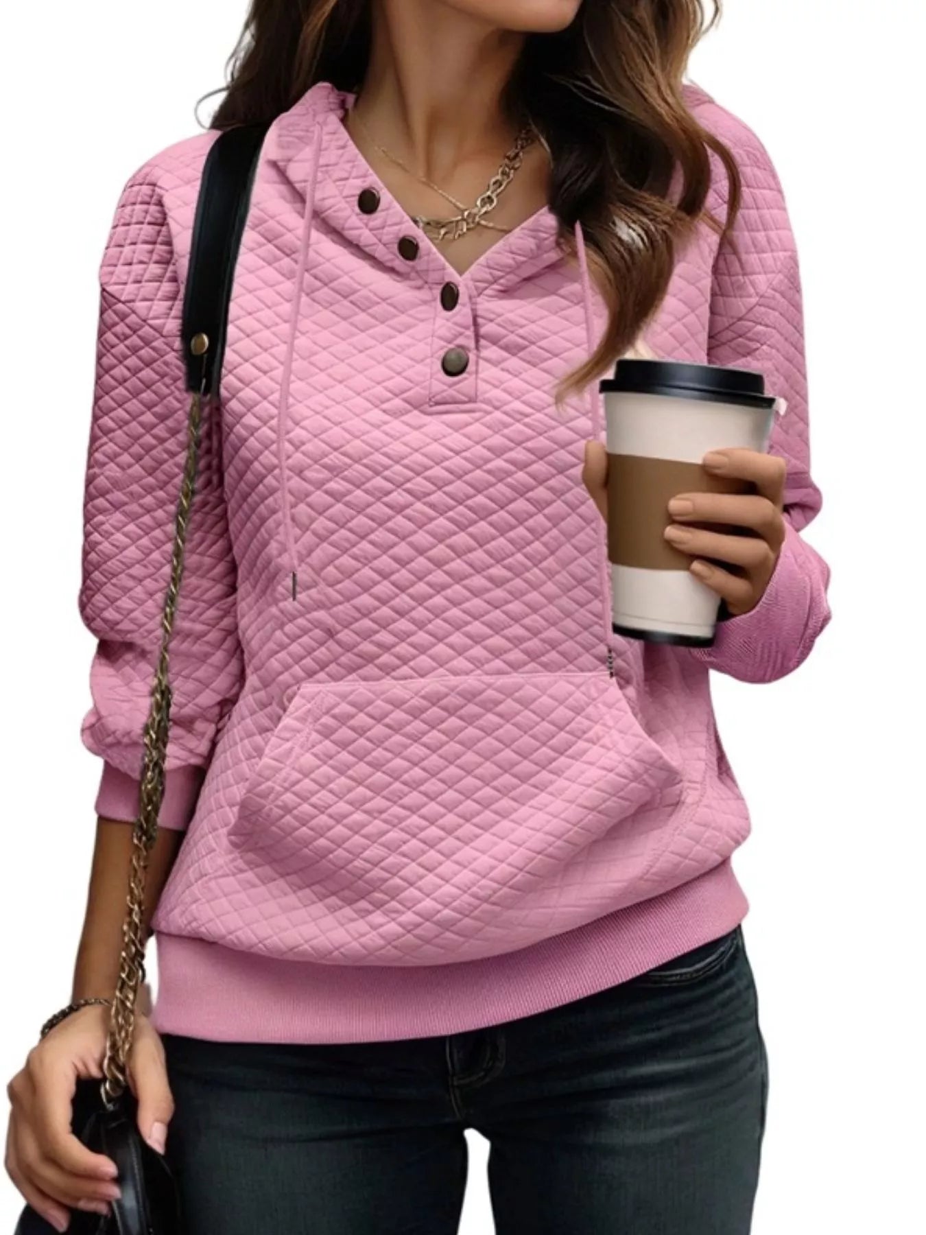 Sarah Express Women's Drawstring Textured Dropped Shoulder Hoodie Pink