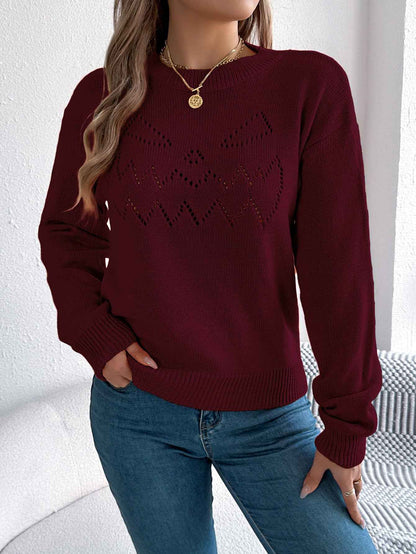 Sarah Express Women's Hollow Out Lantern Sleeve Pullover Sweater - Solid Color Knit Top