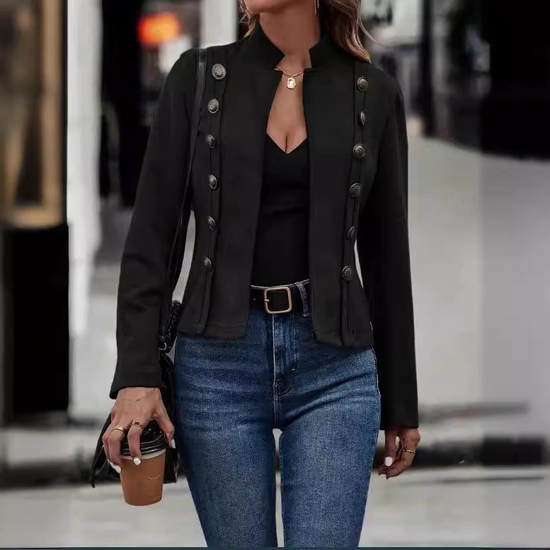 Sarah Express Women's Double-Breasted Suede Jacket Slim Fit Retro Long Sleeve Deerskin Velvet Fall Winter Outerwear