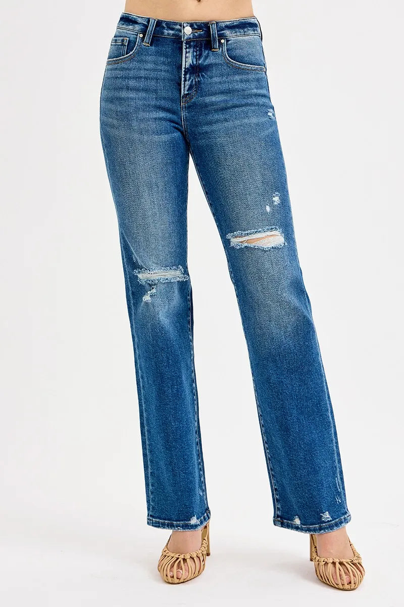 Sarah Express Women’s Plus Size High Rise Tummy Control Distressed Straight Jeans
