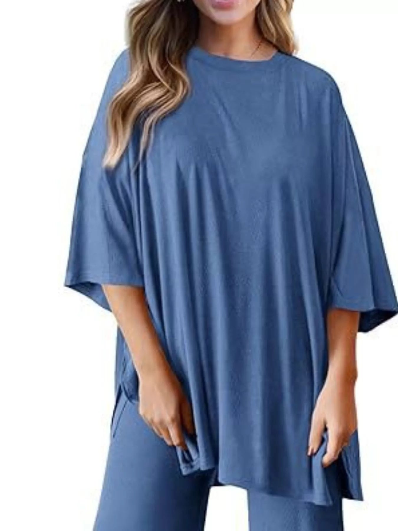 Sarah Express Women's Two Piece Slit Round Neck Top and Pants Set - Casual Loungewear Outfit