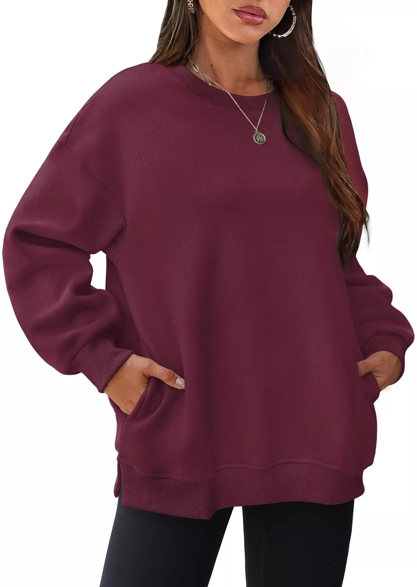 Sarah Express Women's Casual Solid Color Long Sleeve Sweatshirt Burgundy