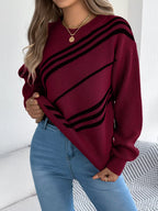 Sarah Express Women's Striped Pattern Casual Round Neck Sweater