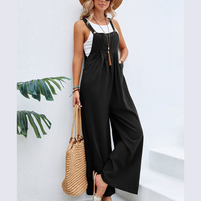 Sarah Express Women's Solid Color Cotton Suspender Trousers Casual Overall Straight Leg Mid Waist with Pockets