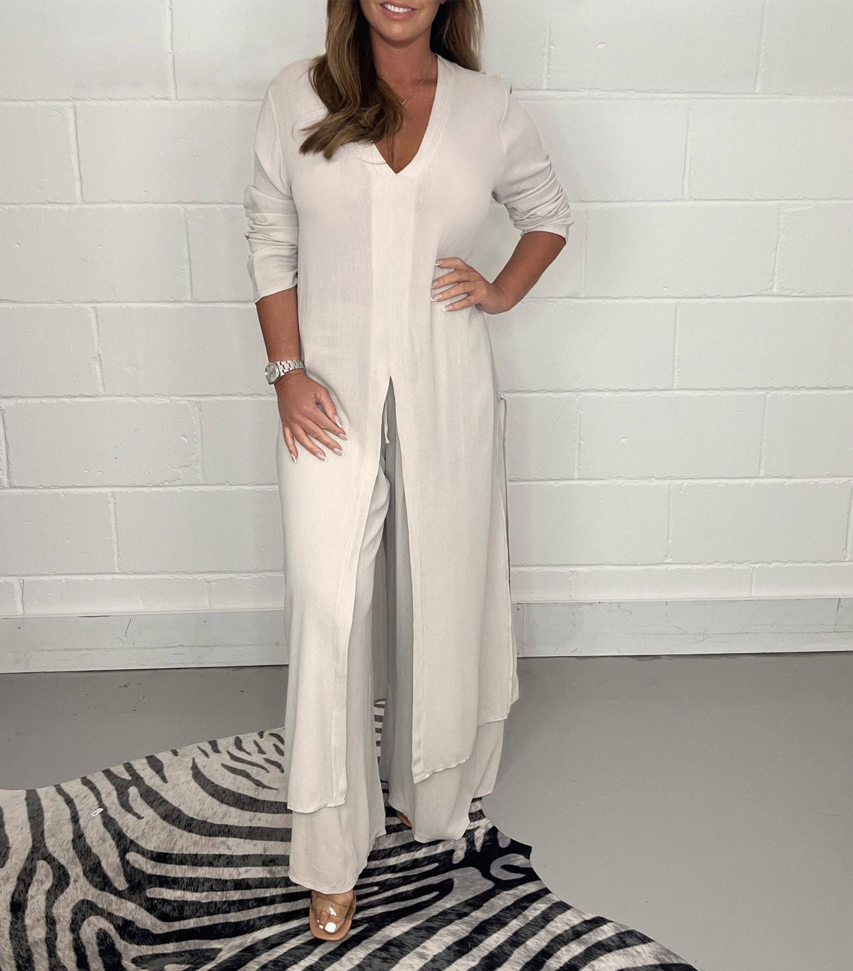 Sarah Express Women's Two-Piece Set Long Tunic Top Pants - Casual Minimalist Solid Color Plus Size