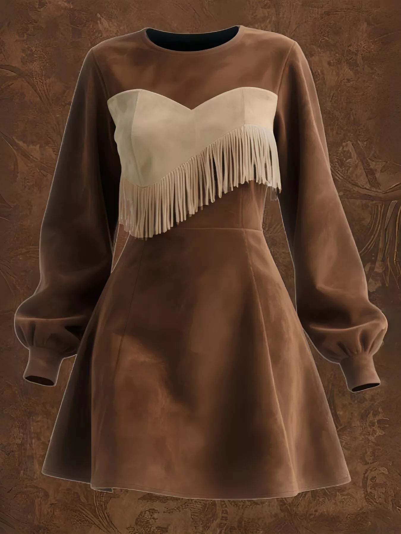 Sarah Express Women's Fringe Trim Lantern Sleeve Mini Dress