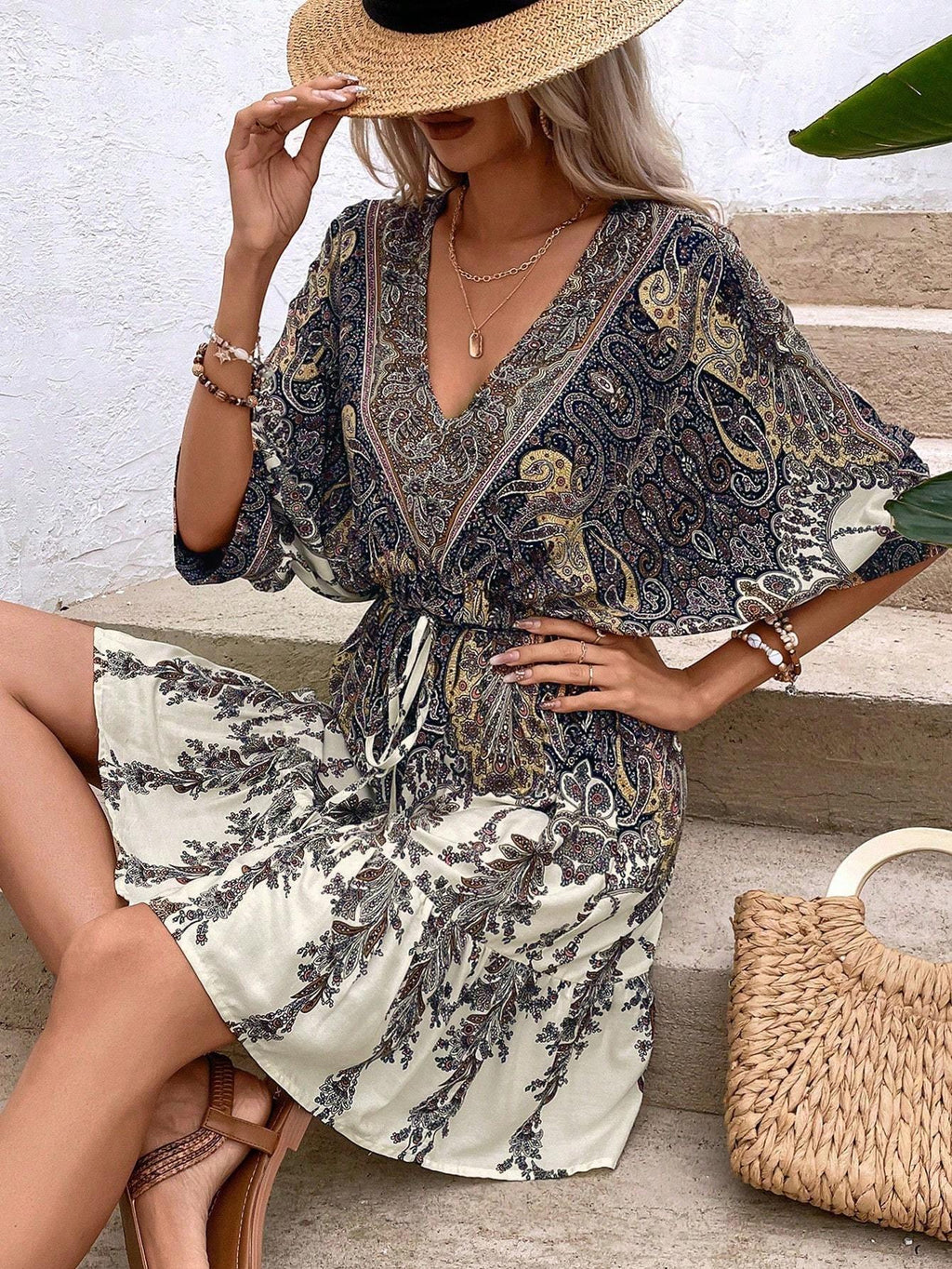 Sarah Express Women's Paisley Print Batwing Sleeve Ruffle Hem Dress Tassel Tie Front
