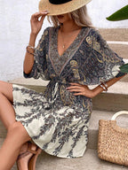Sarah Express Women's Paisley Print Batwing Sleeve Ruffle Hem Dress Tassel Tie Front