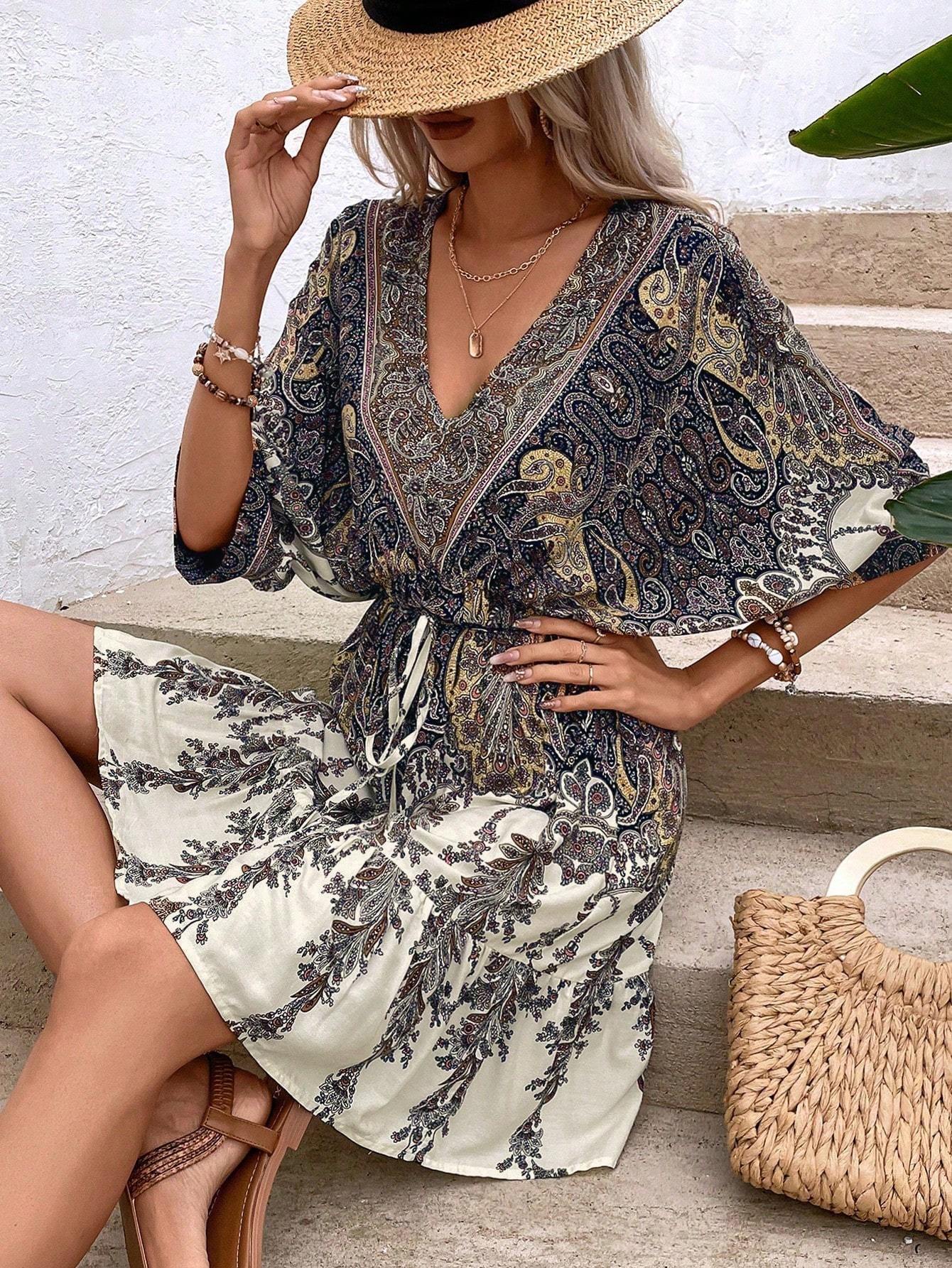 Sarah Express Women's Paisley Print Batwing Sleeve Ruffle Hem Dress Tassel Tie Front