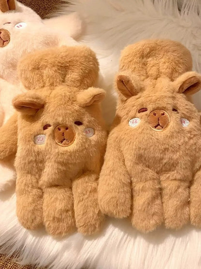 Sarah Express Cartoon Animal Plush Gloves - Cute Winter Warm Fuzzy Mittens Khaki ONESIZE
