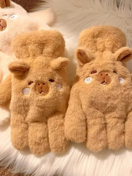 Sarah Express Cartoon Animal Plush Gloves - Cute Winter Warm Fuzzy Mittens Khaki ONESIZE