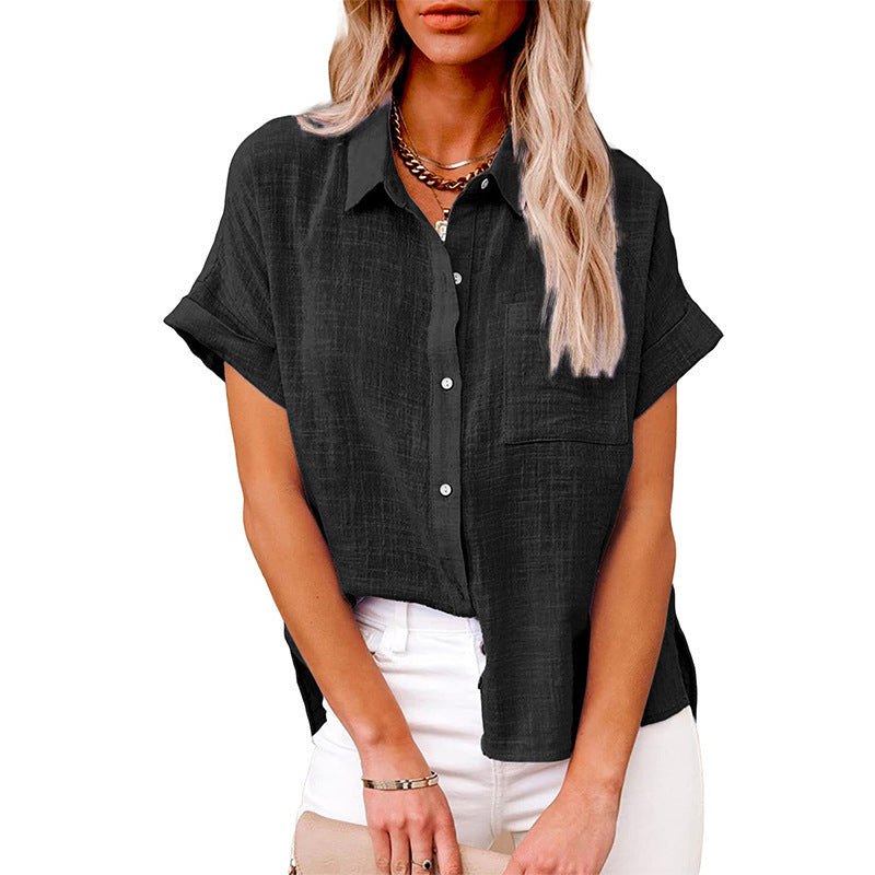 Sarah Express Women's Cotton Linen Short Sleeve Shirt Casual Button Up with Pockets